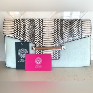 NWT Vince Camuto Leather Julia Clutch in Aqua Ice